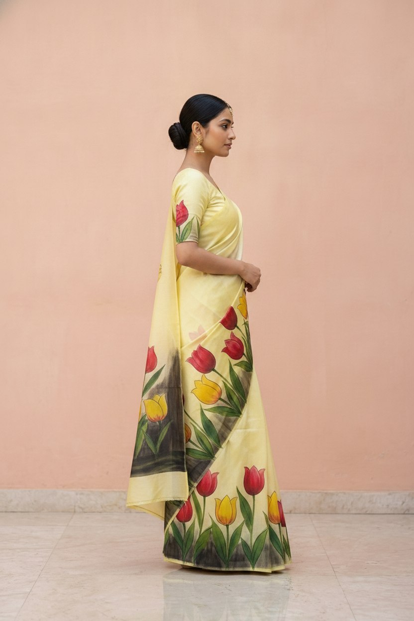 Hand-Painted Pure Silk Saree with Solid Resham Border in Lemon Tulips