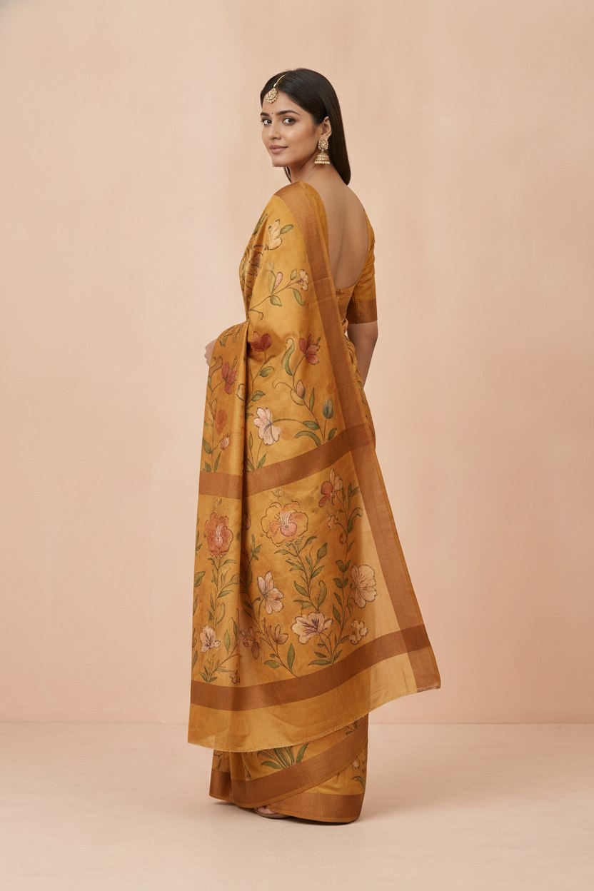 Hand-Painted Pure Silk Saree with Solid Resham Border in Mustard