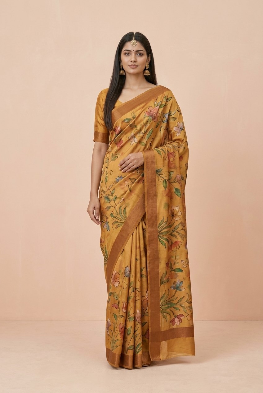 Hand-Painted Pure Silk Saree with Solid Resham Border in Mustard