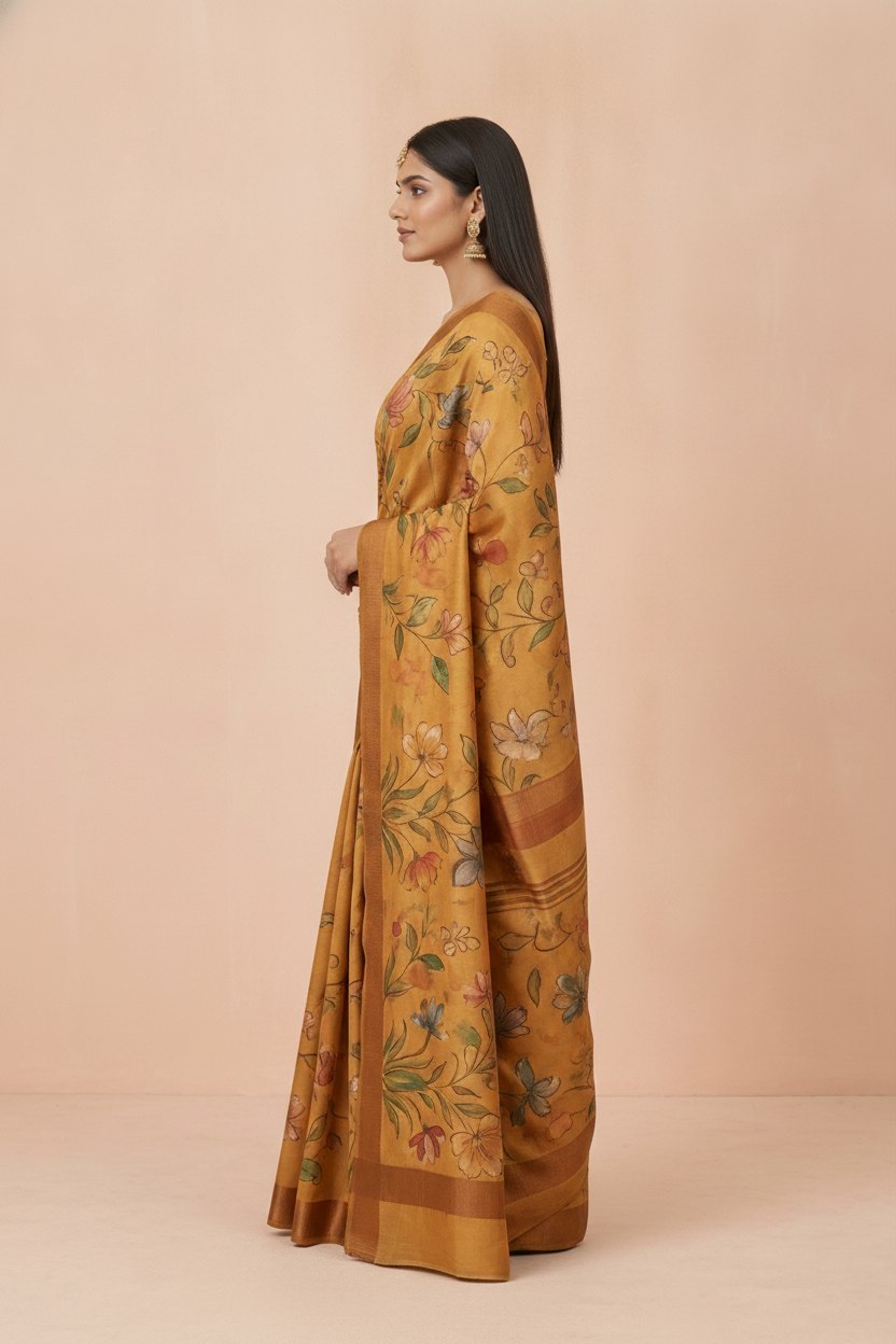 Hand-Painted Pure Silk Saree with Solid Resham Border in Mustard