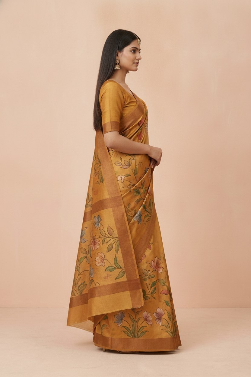 Hand-Painted Pure Silk Saree with Solid Resham Border in Mustard