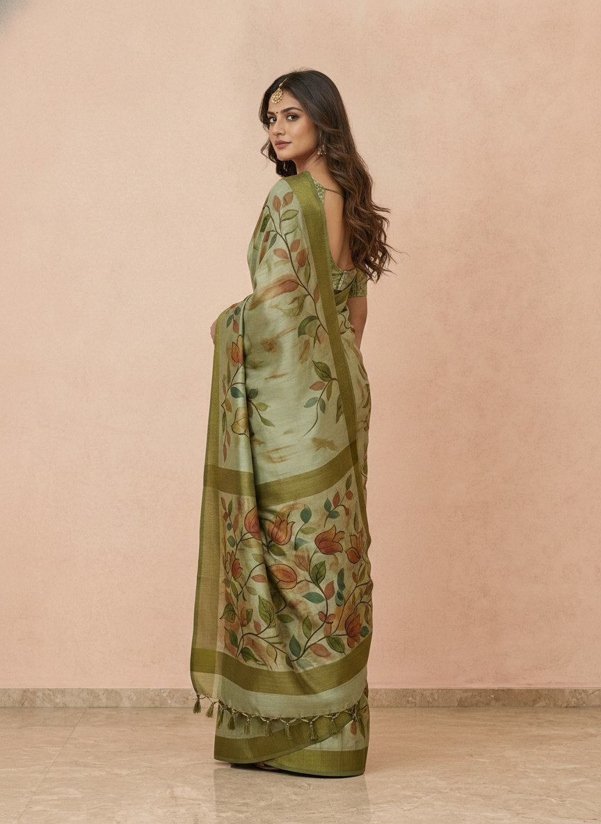 Hand-Painted Pure Silk Saree with Solid Resham Border in Sage