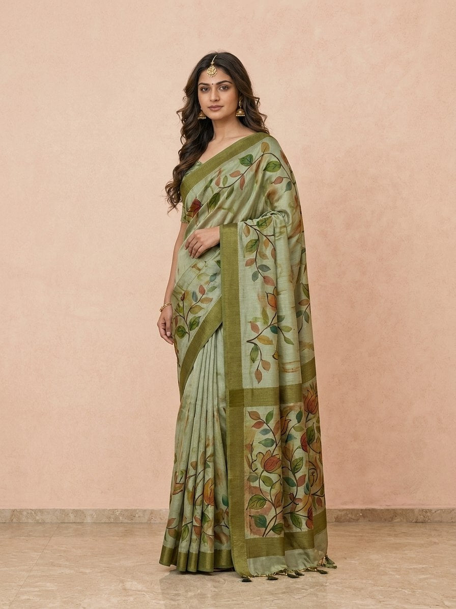 Hand-Painted Pure Silk Saree with Solid Resham Border in Sage
