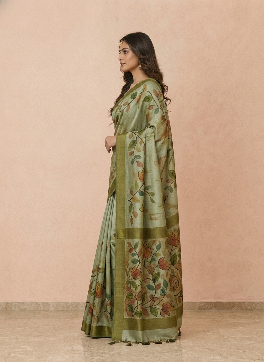 Hand-Painted Pure Silk Saree with Solid Resham Border in Sage