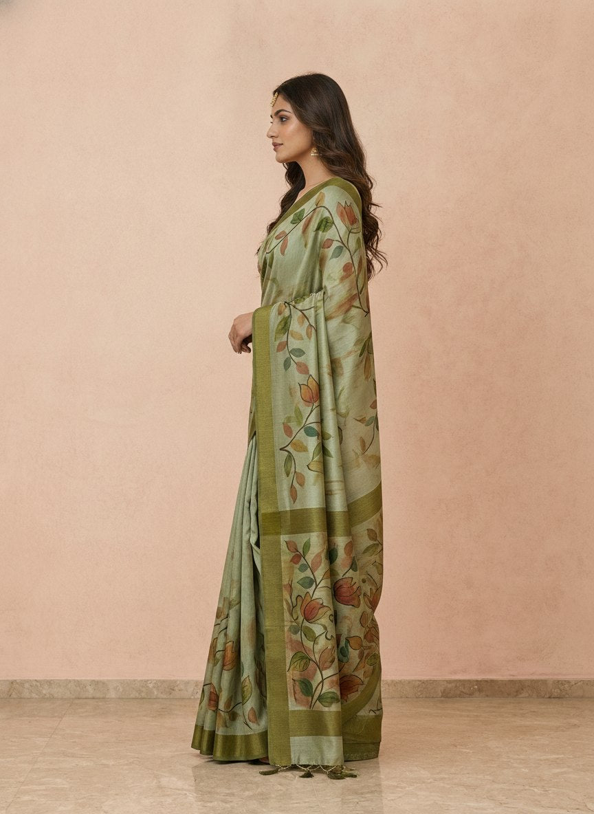 Hand-Painted Pure Silk Saree with Solid Resham Border in Sage
