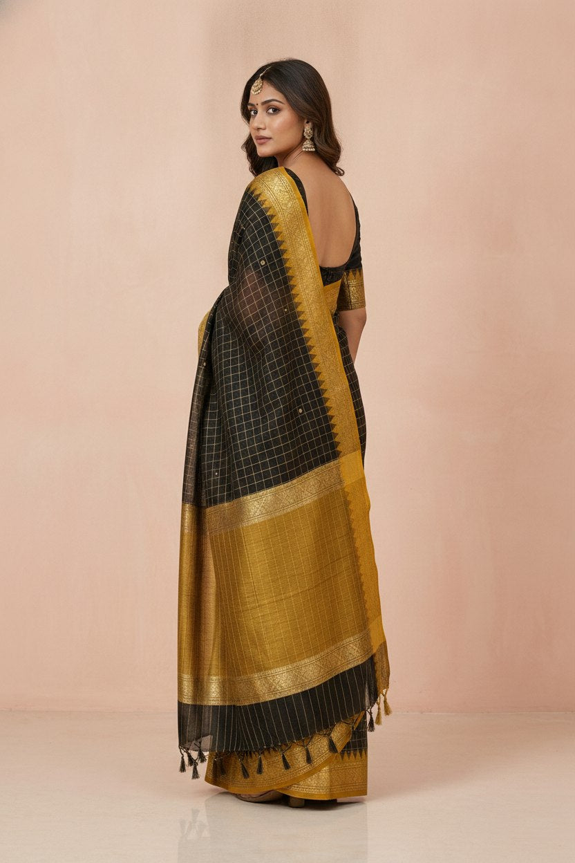 Katha Ghatchola Mercerised Cotton Saree with Jacquard Border in Black Yellow