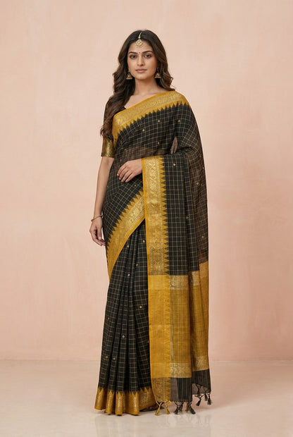 Katha Ghatchola Mercerised Cotton Saree with Jacquard Border in Black Yellow