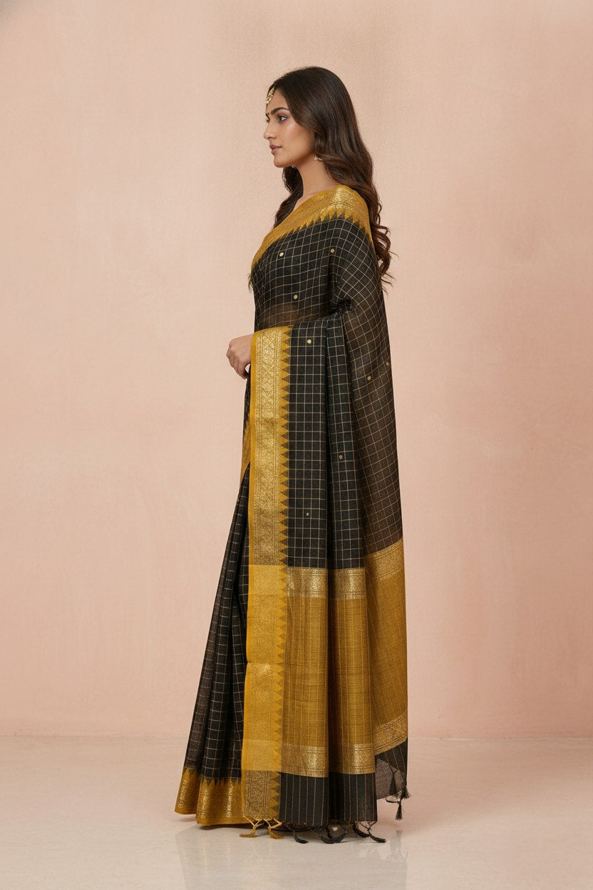 Katha Ghatchola Mercerised Cotton Saree with Jacquard Border in Black Yellow