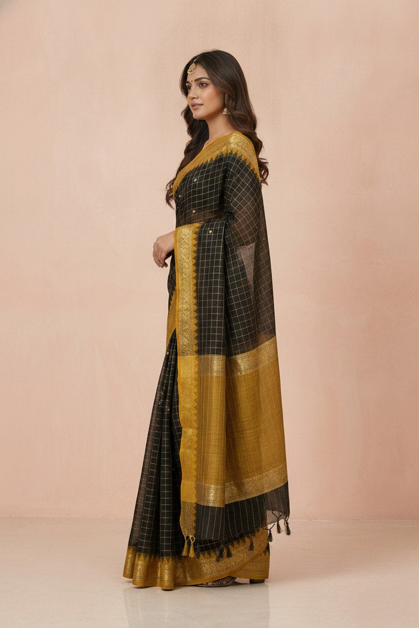 Katha Ghatchola Mercerised Cotton Saree with Jacquard Border in Black Yellow