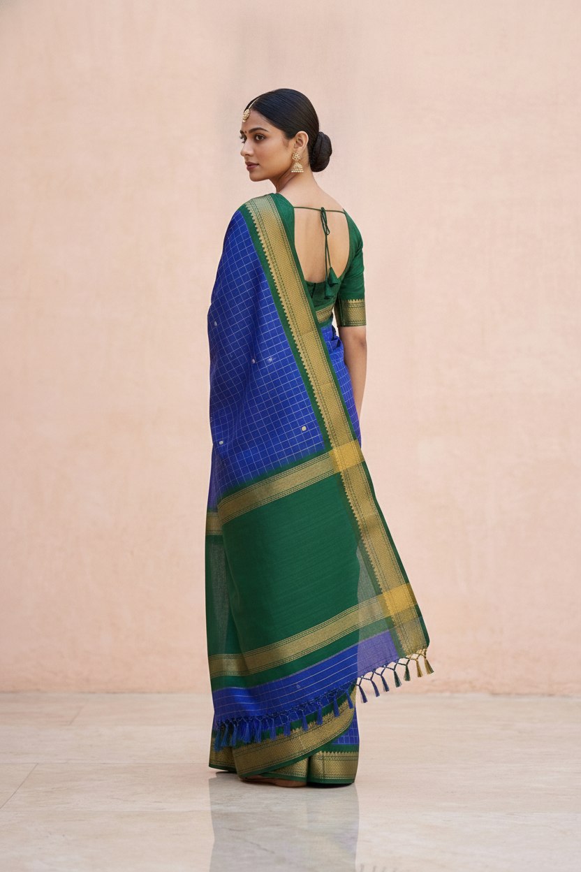 Katha Ghatchola Mercerised Cotton Saree with Jacquard Border in Blue Green