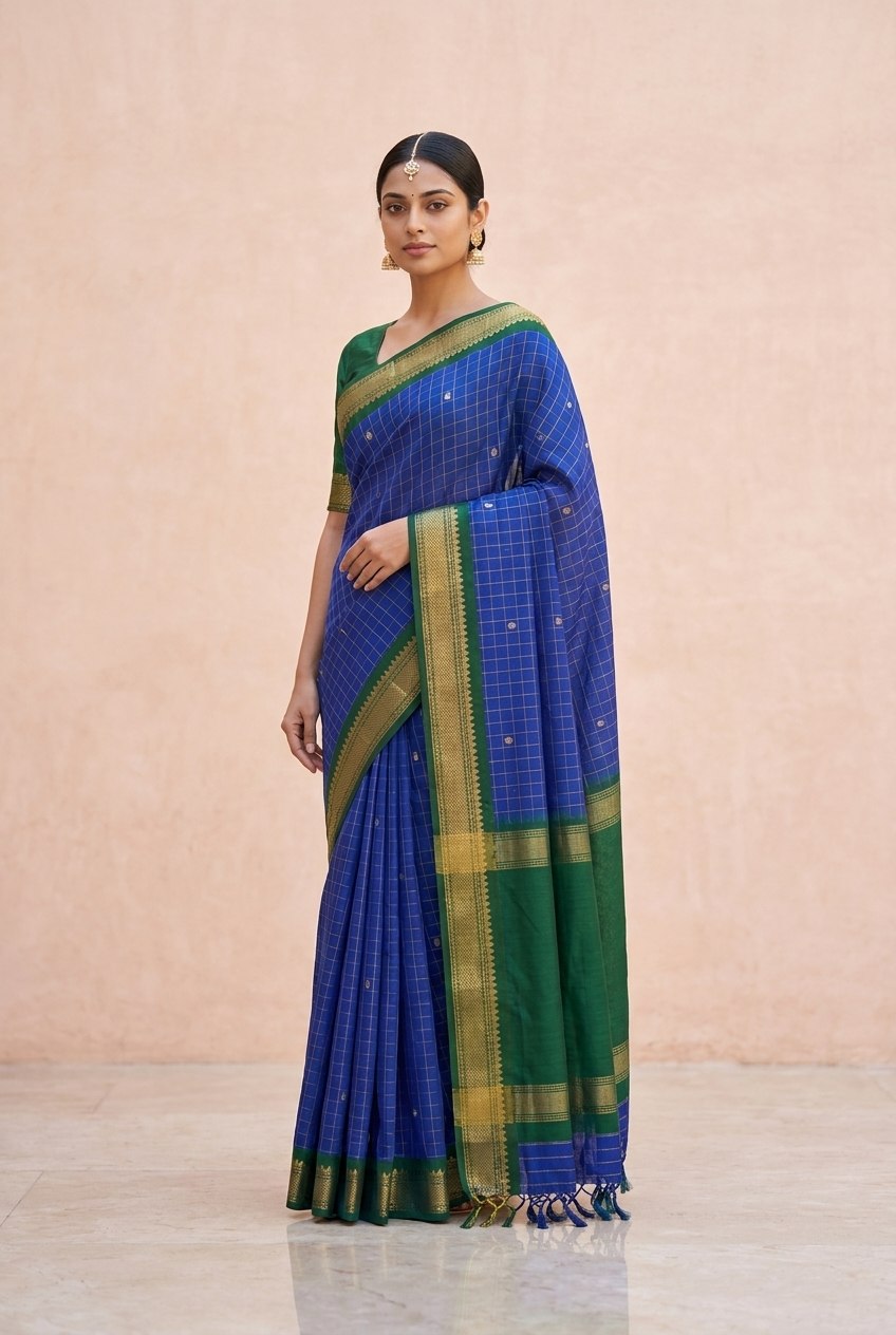 Katha Ghatchola Mercerised Cotton Saree with Jacquard Border in Blue Green
