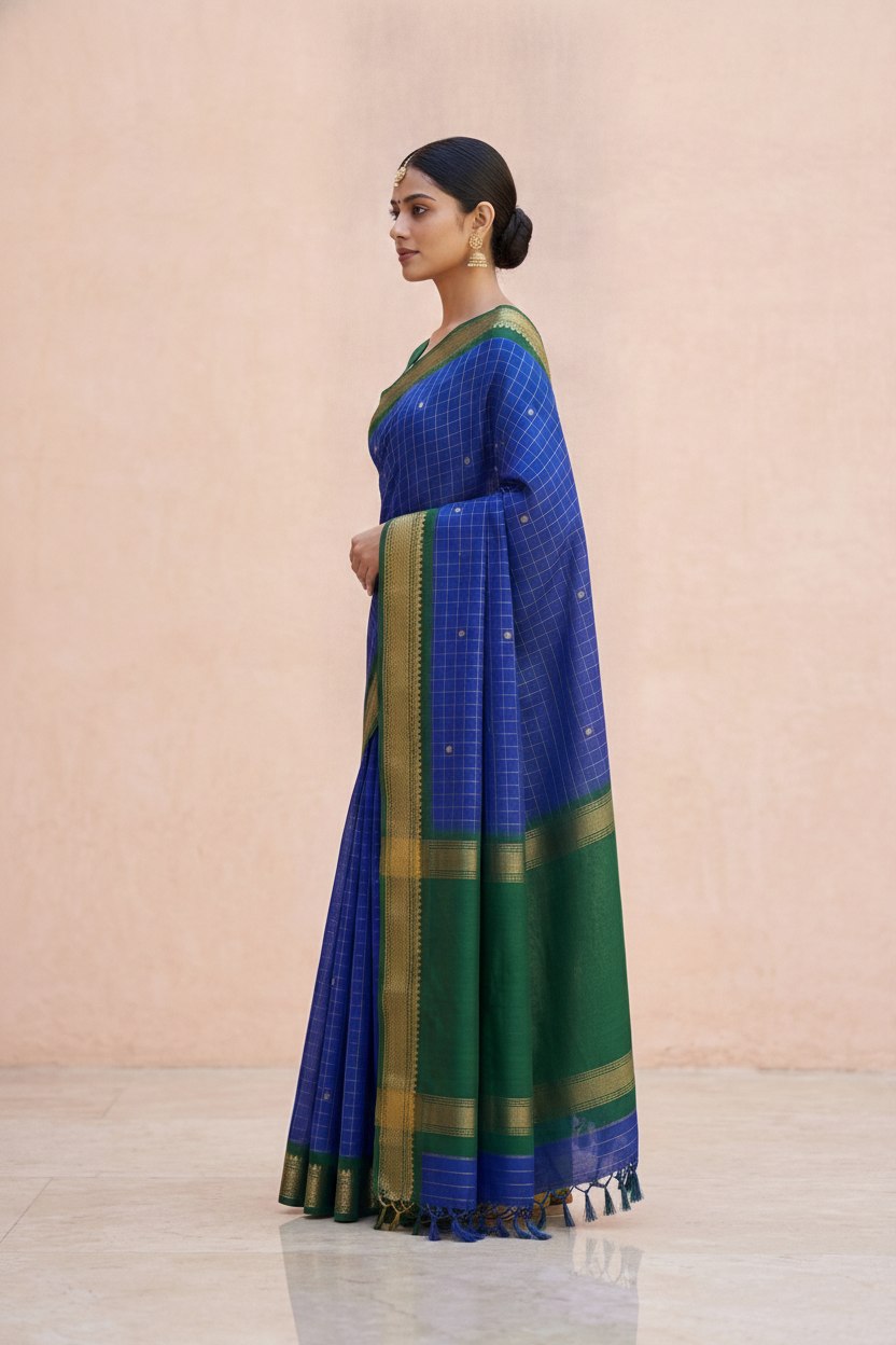 Katha Ghatchola Mercerised Cotton Saree with Jacquard Border in Blue Green