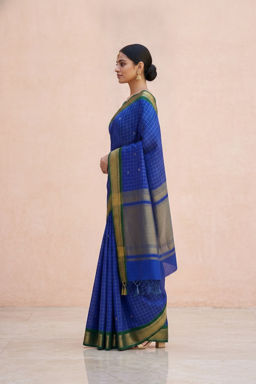 Katha Ghatchola Mercerised Cotton Saree with Jacquard Border in Blue Green