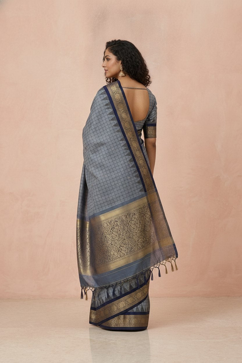 Katha Ghatchola Mercerised Cotton Saree with Jacquard Border in Grey Navy