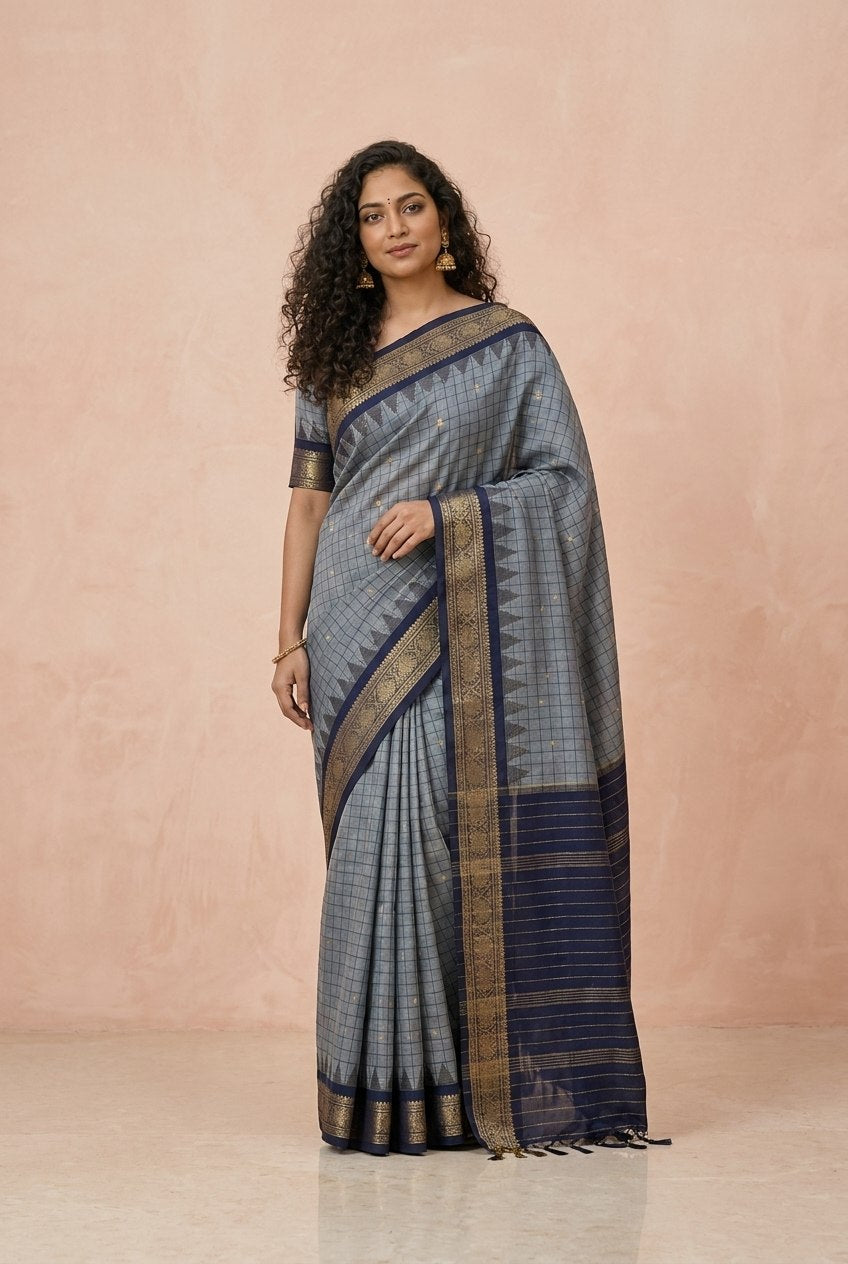 Katha Ghatchola Mercerised Cotton Saree with Jacquard Border in Grey Navy