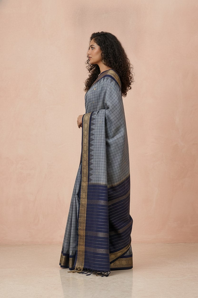 Katha Ghatchola Mercerised Cotton Saree with Jacquard Border in Grey Navy