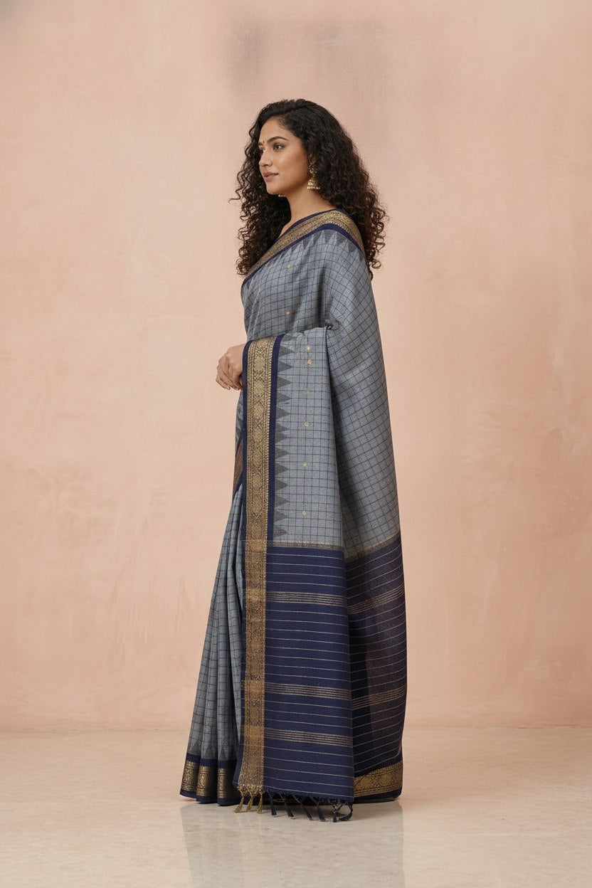 Katha Ghatchola Mercerised Cotton Saree with Jacquard Border in Grey Navy