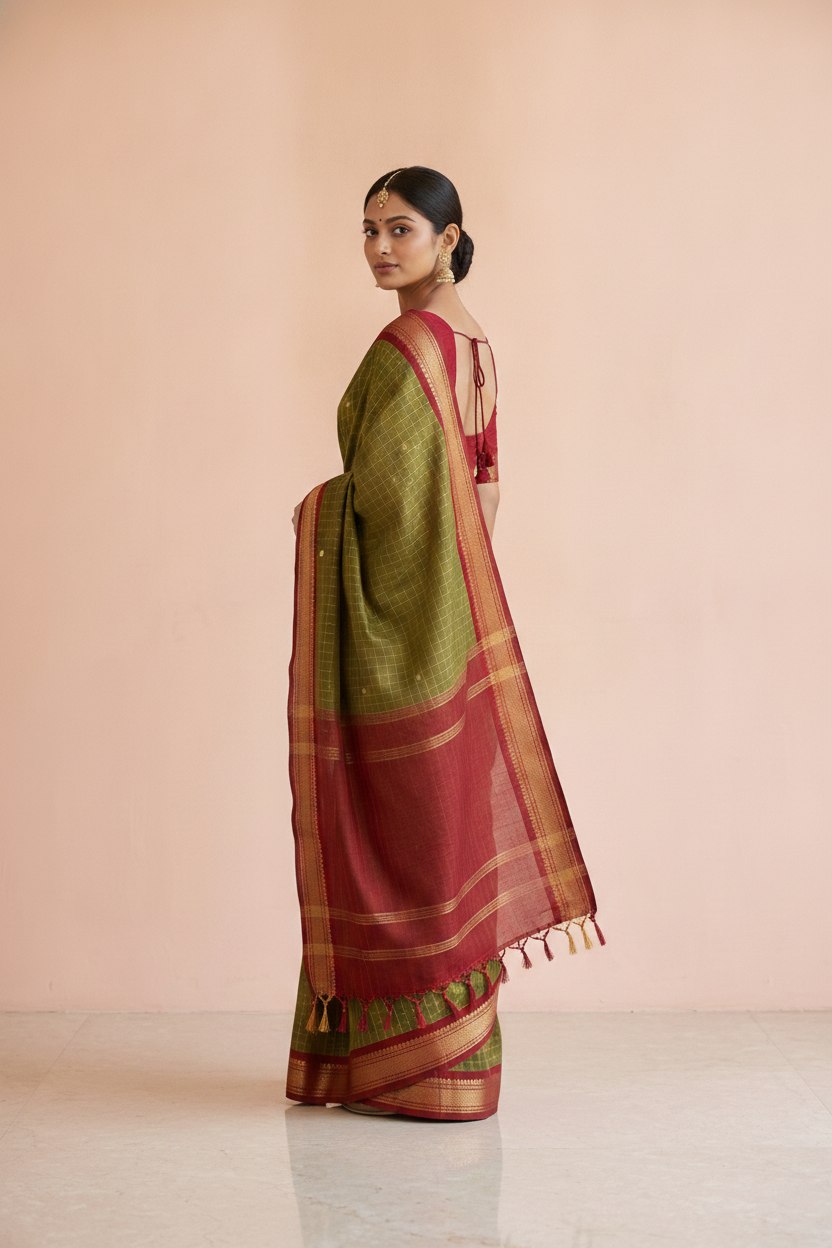 Katha Ghatchola Mercerised Cotton Saree with Jacquard Border in Olive Red