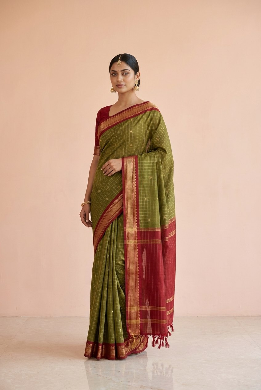 Katha Ghatchola Mercerised Cotton Saree with Jacquard Border in Olive Red