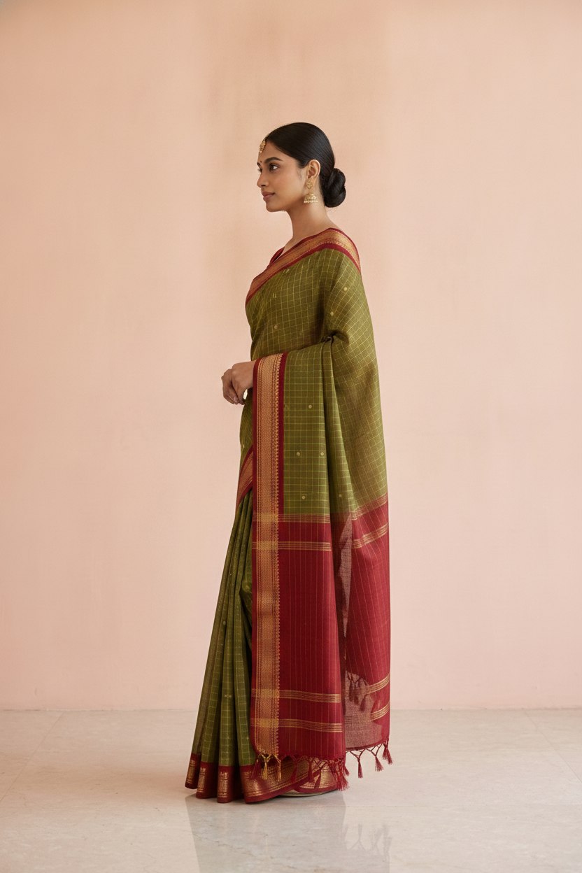 Katha Ghatchola Mercerised Cotton Saree with Jacquard Border in Olive Red