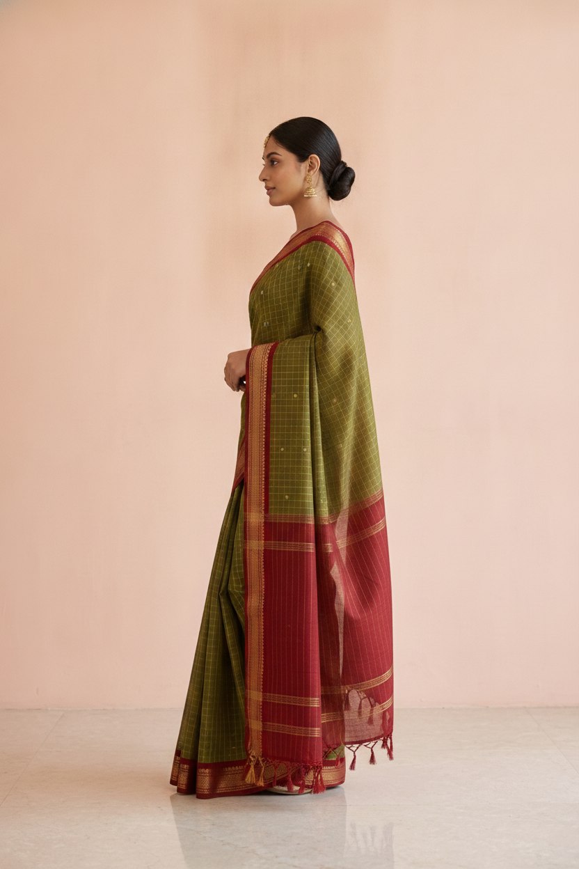 Katha Ghatchola Mercerised Cotton Saree with Jacquard Border in Olive Red