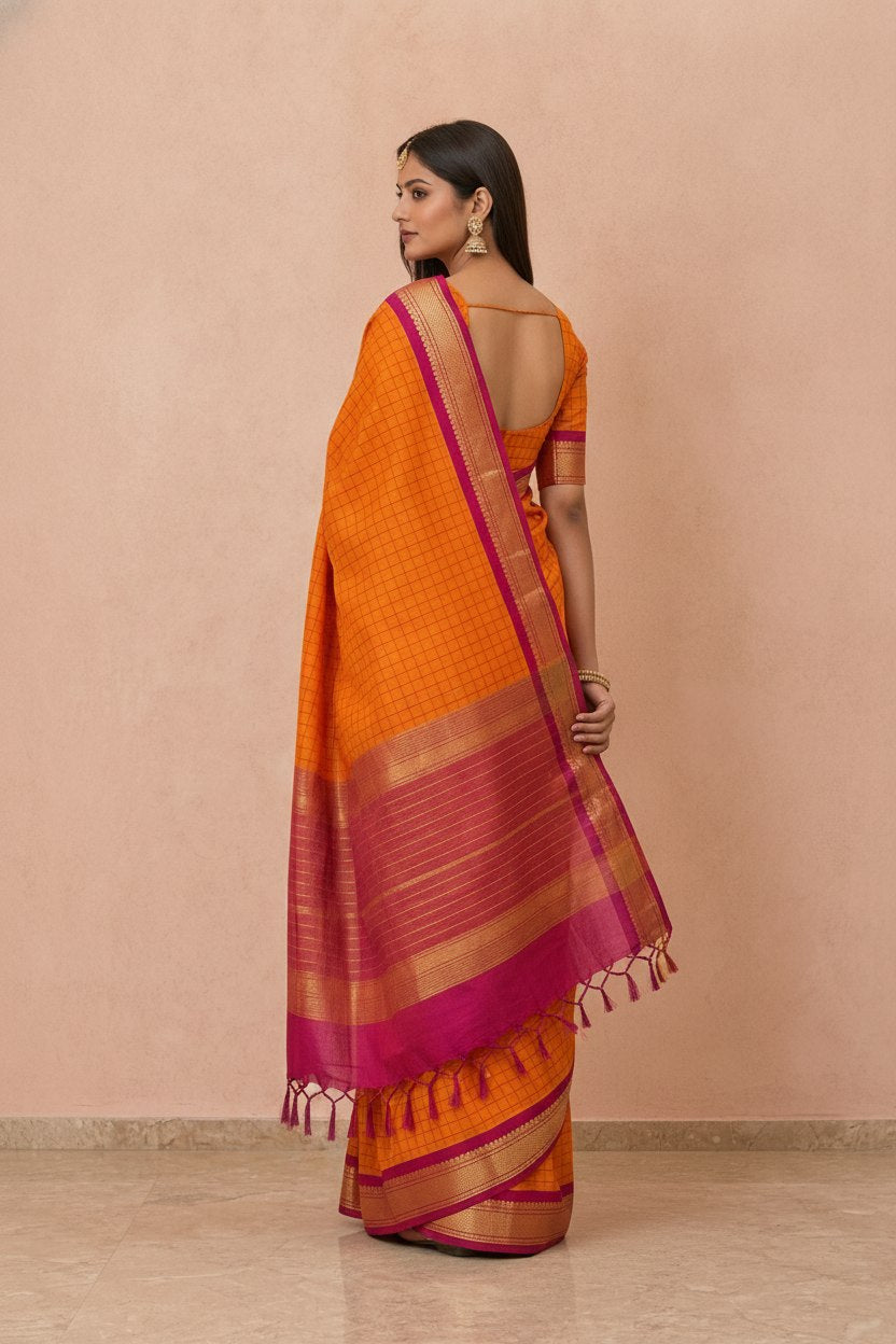 Katha Ghatchola Mercerised Cotton Saree with Jacquard Border in Orange Magenta