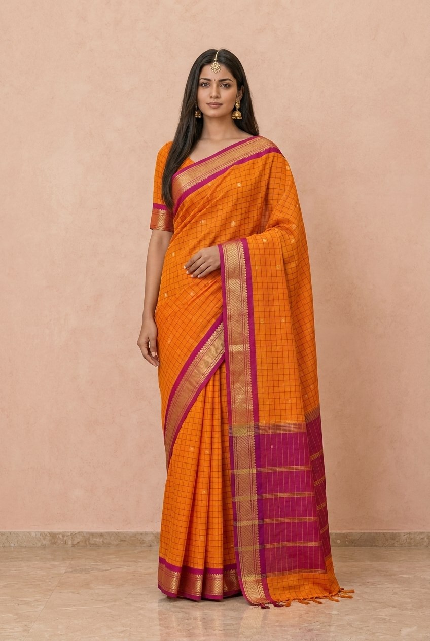 Katha Ghatchola Mercerised Cotton Saree with Jacquard Border in Orange Magenta