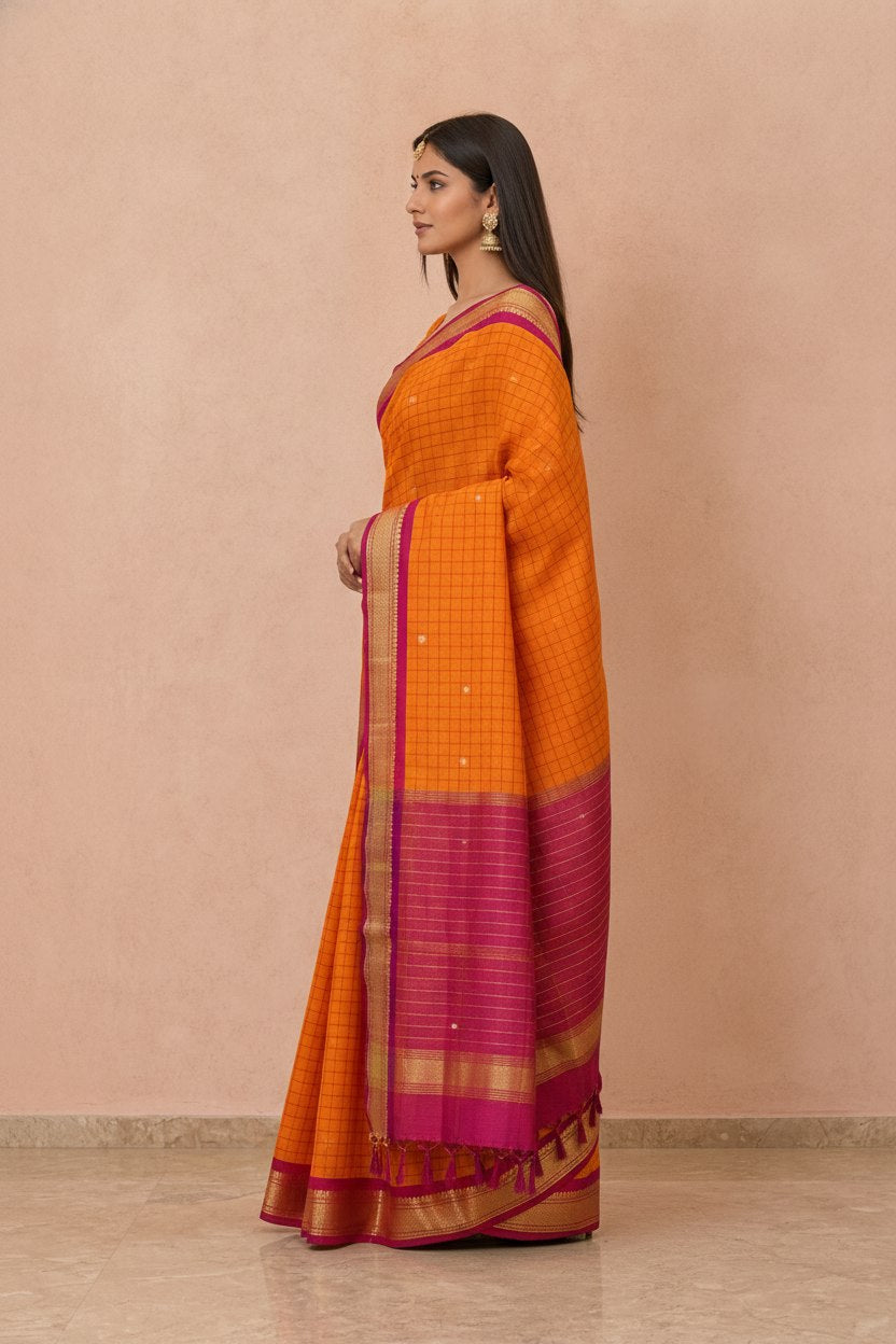 Katha Ghatchola Mercerised Cotton Saree with Jacquard Border in Orange Magenta