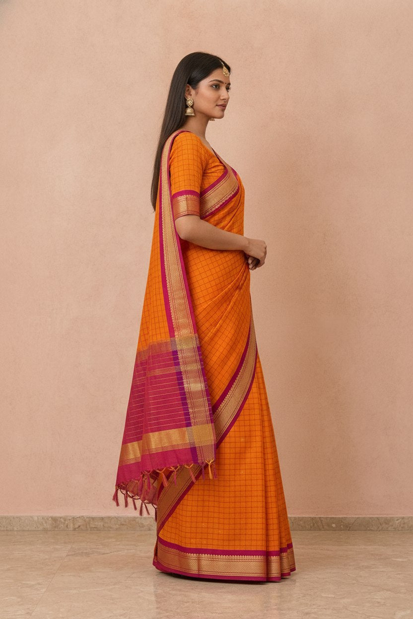 Katha Ghatchola Mercerised Cotton Saree with Jacquard Border in Orange Magenta