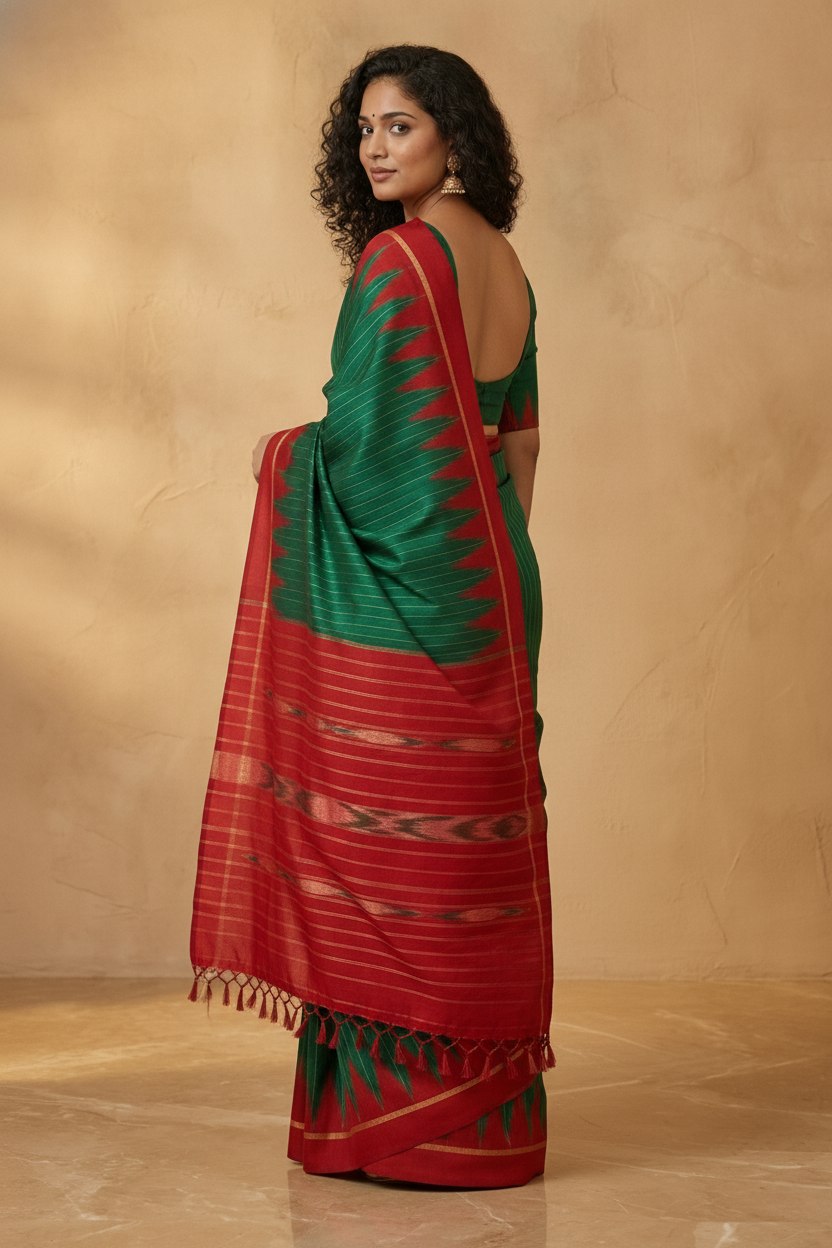 Mercerised Cotton Saree with Ikkat Temple Border in Emerald Red