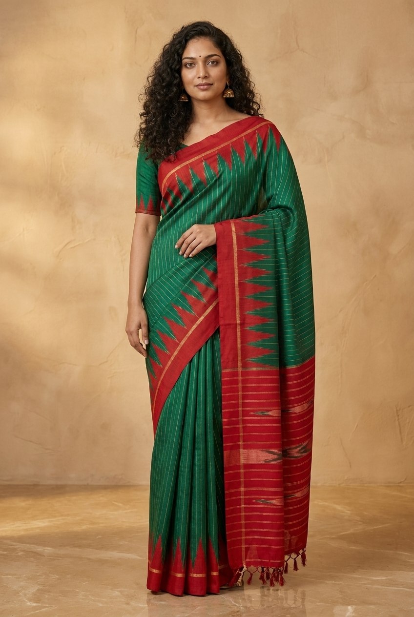 Mercerised Cotton Saree with Ikkat Temple Border in Emerald Red