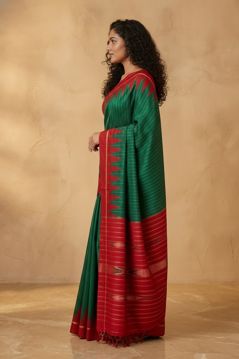 Mercerised Cotton Saree with Ikkat Temple Border in Emerald Red