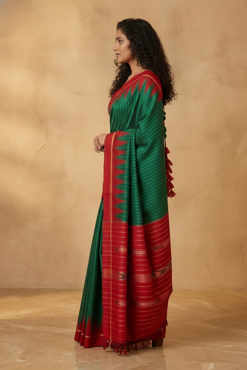 Mercerised Cotton Saree with Ikkat Temple Border in Emerald Red