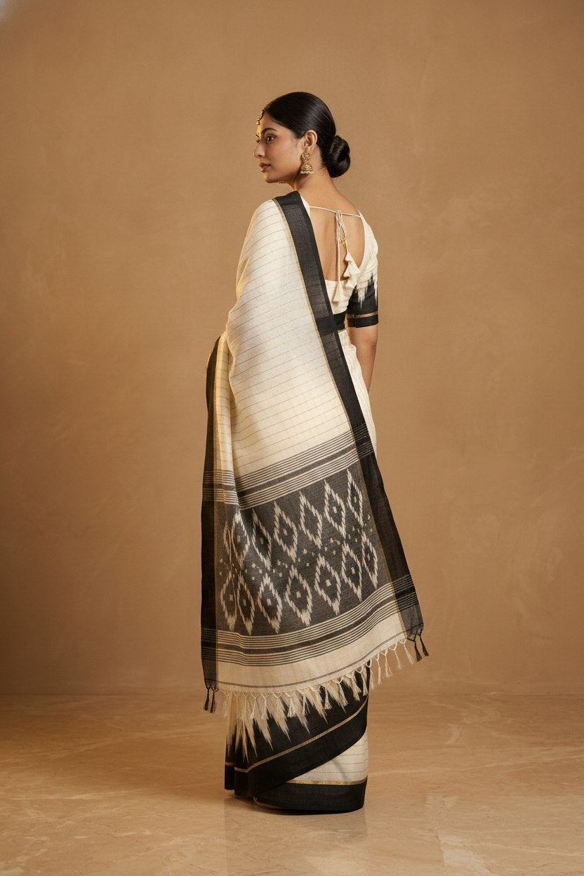 Mercerised Cotton Saree with Ikkat Temple Border in Ivory Black