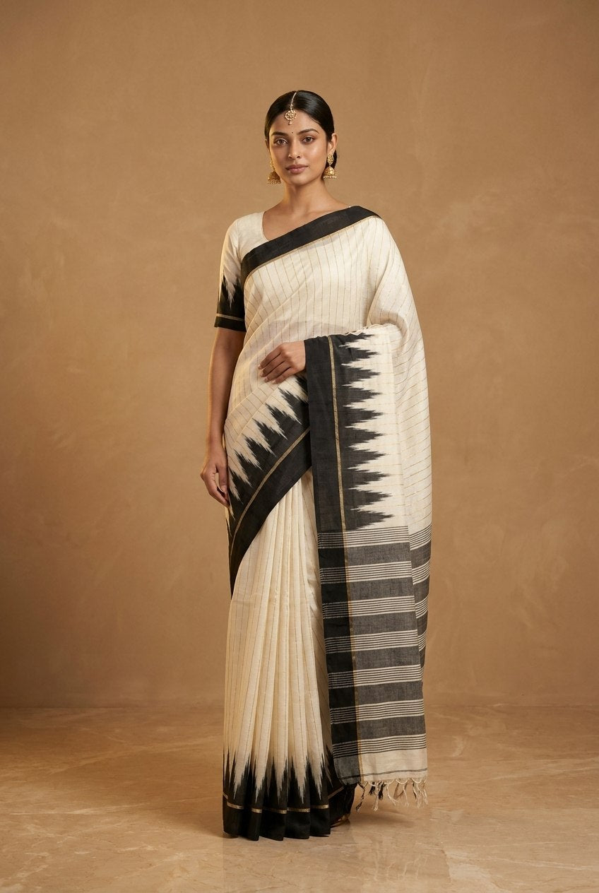 Mercerised Cotton Saree with Ikkat Temple Border in Ivory Black