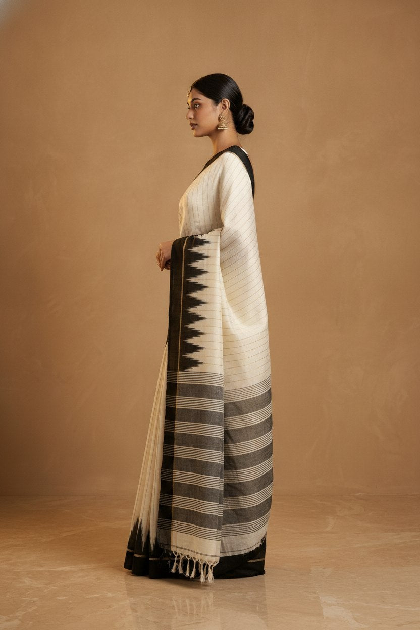 Mercerised Cotton Saree with Ikkat Temple Border in Ivory Black
