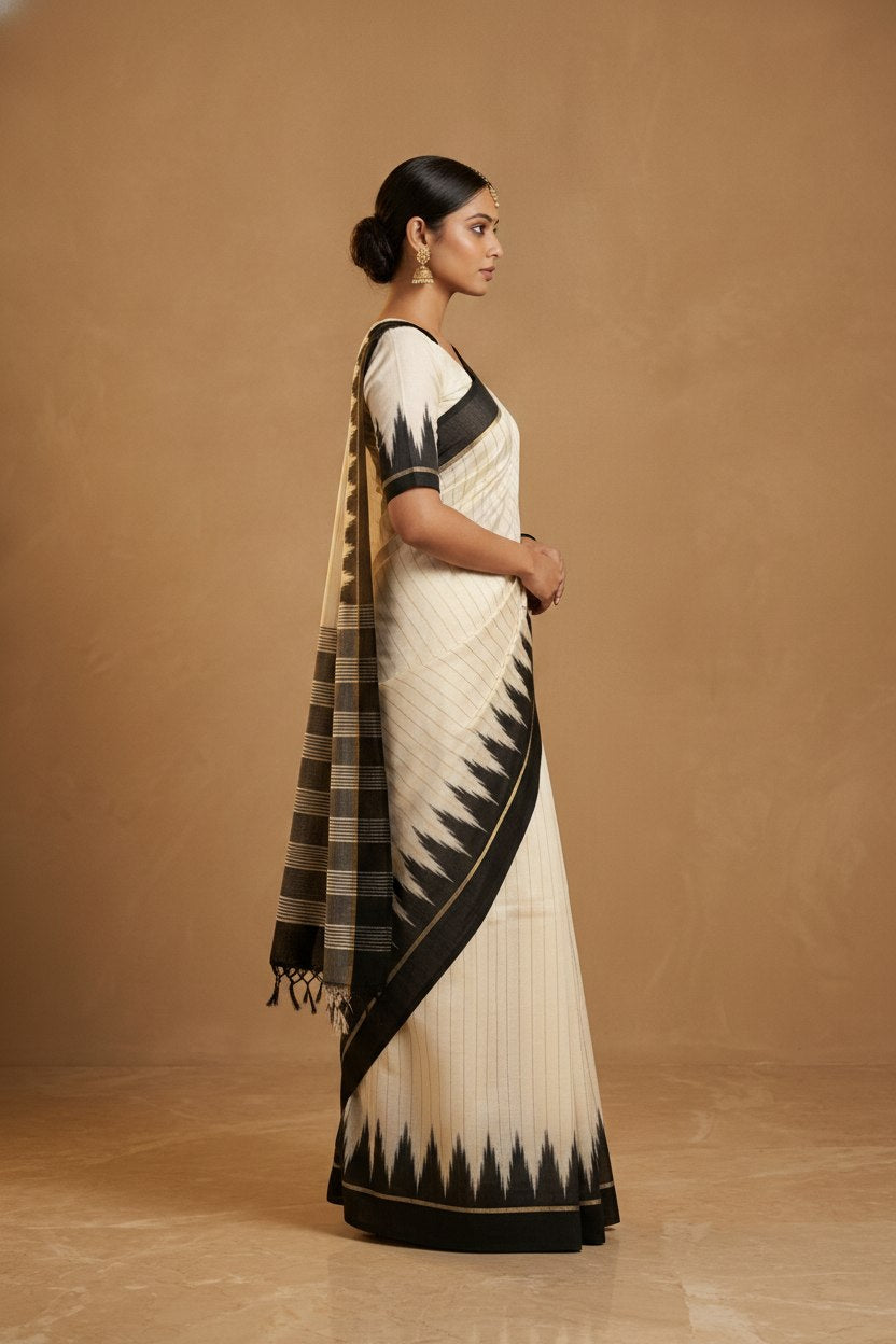 Mercerised Cotton Saree with Ikkat Temple Border in Ivory Black