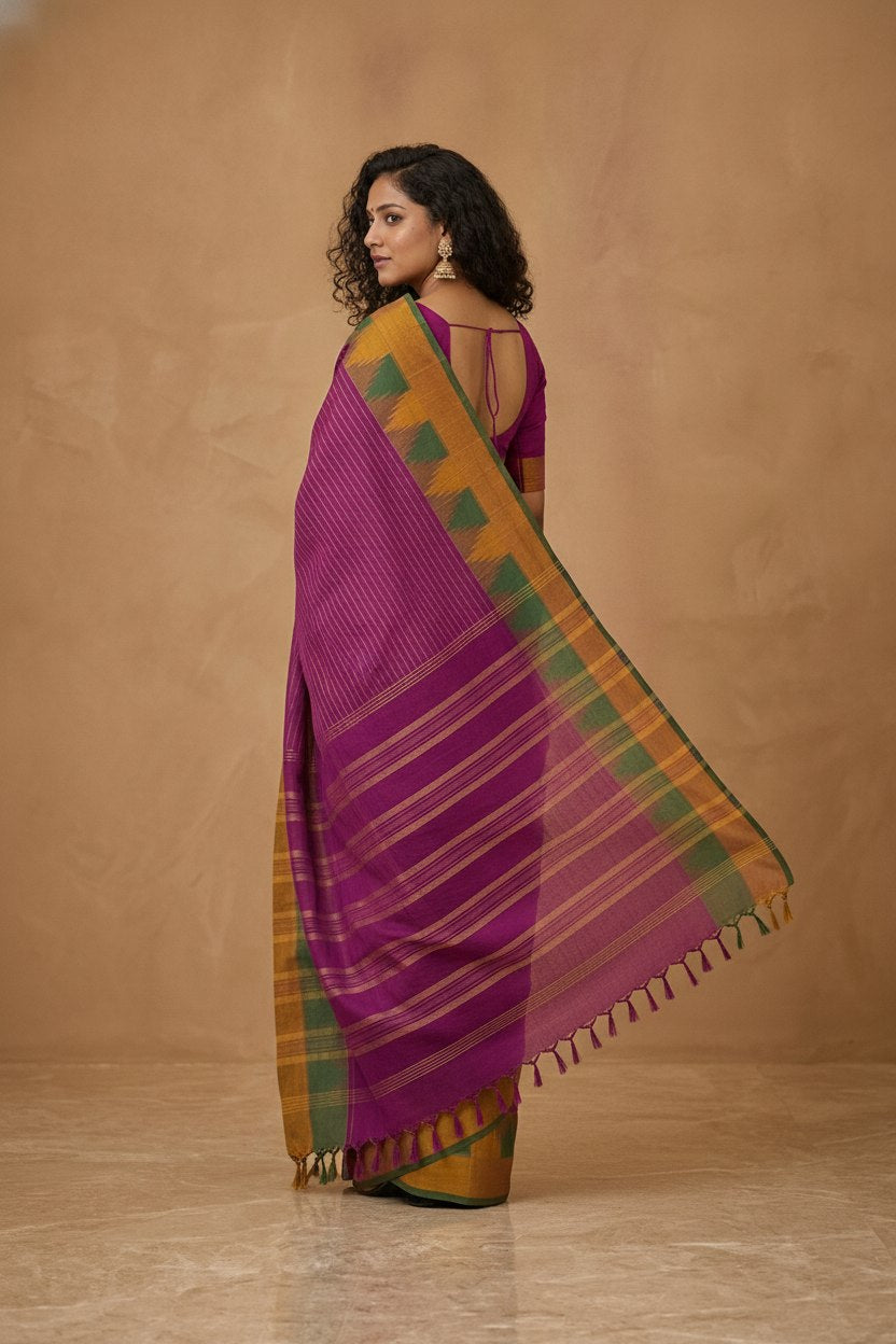 Mercerised Cotton Saree with Ikkat Temple Border in Magenta Purple