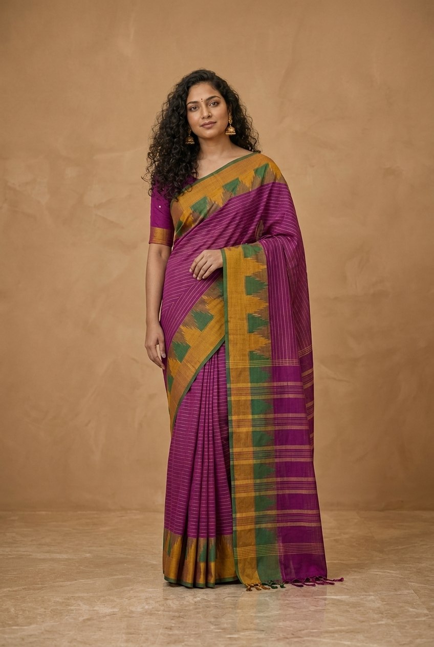 Mercerised Cotton Saree with Ikkat Temple Border in Magenta Purple
