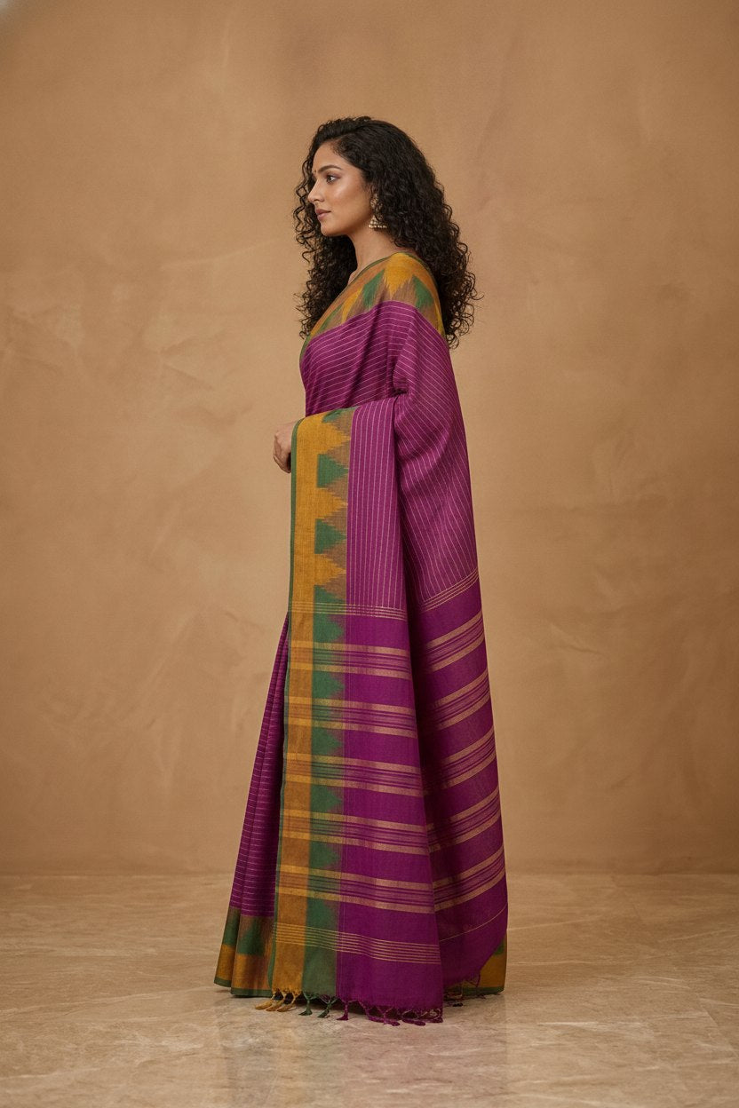 Mercerised Cotton Saree with Ikkat Temple Border in Magenta Purple