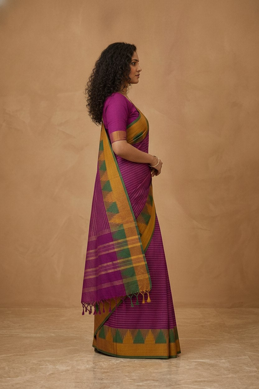 Mercerised Cotton Saree with Ikkat Temple Border in Magenta Purple