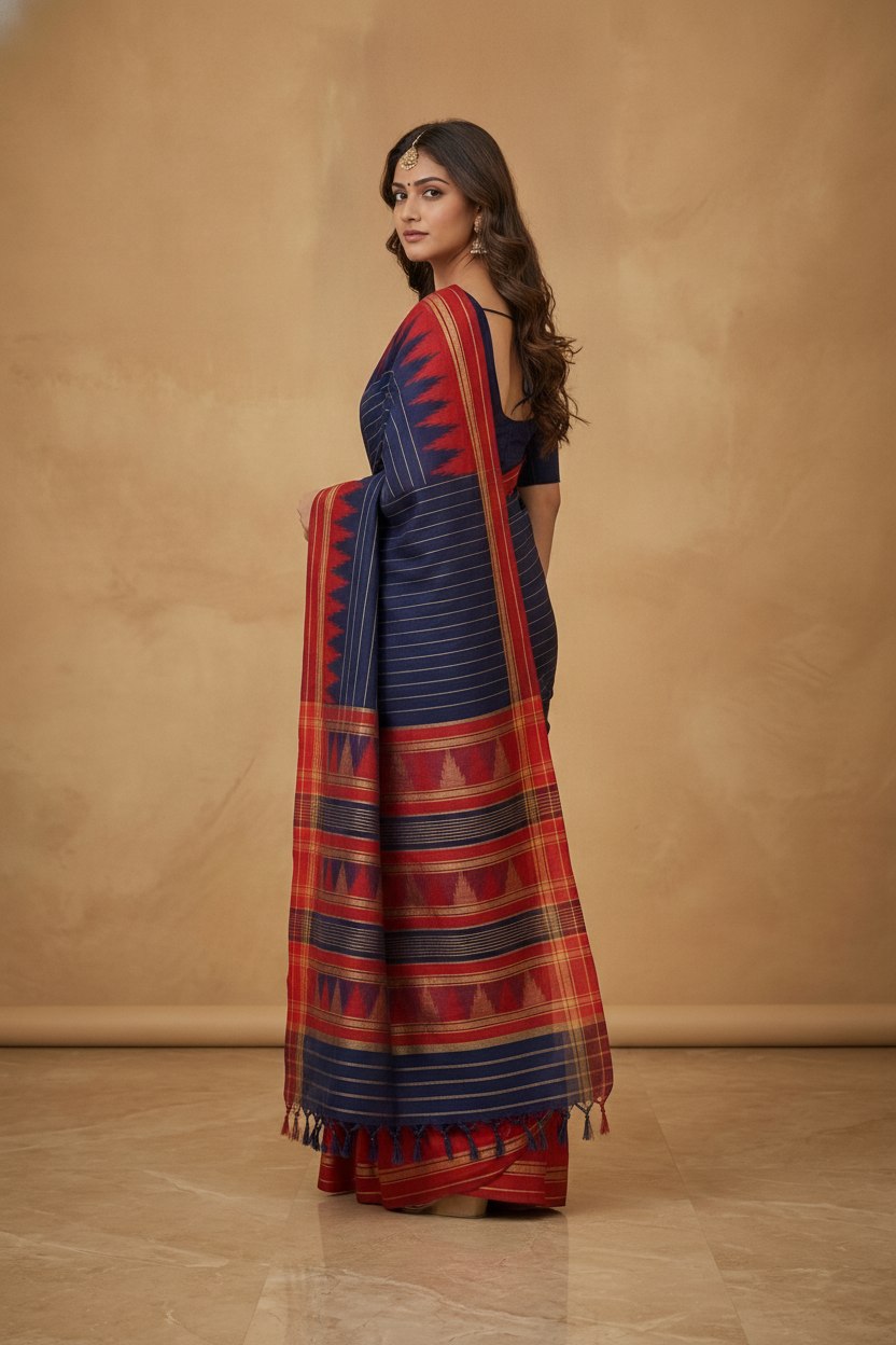 Mercerised Cotton Saree with Ikkat Temple Border in Navy Red