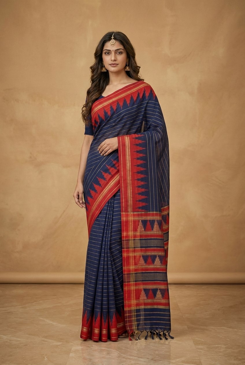 Mercerised Cotton Saree with Ikkat Temple Border in Navy Red