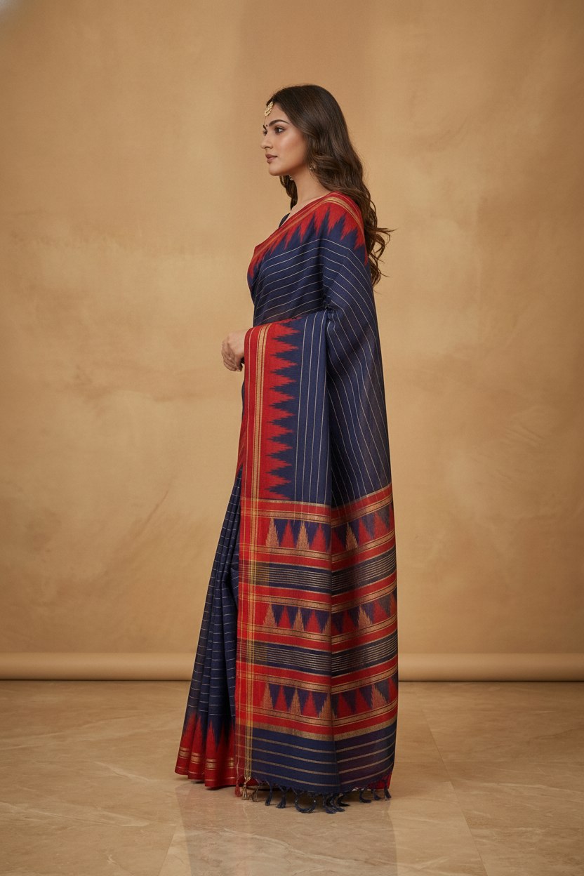 Mercerised Cotton Saree with Ikkat Temple Border in Navy Red