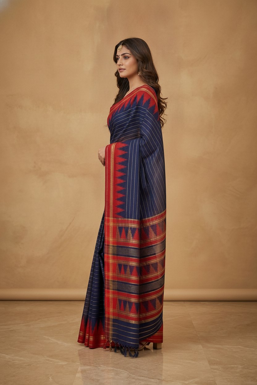 Mercerised Cotton Saree with Ikkat Temple Border in Navy Red