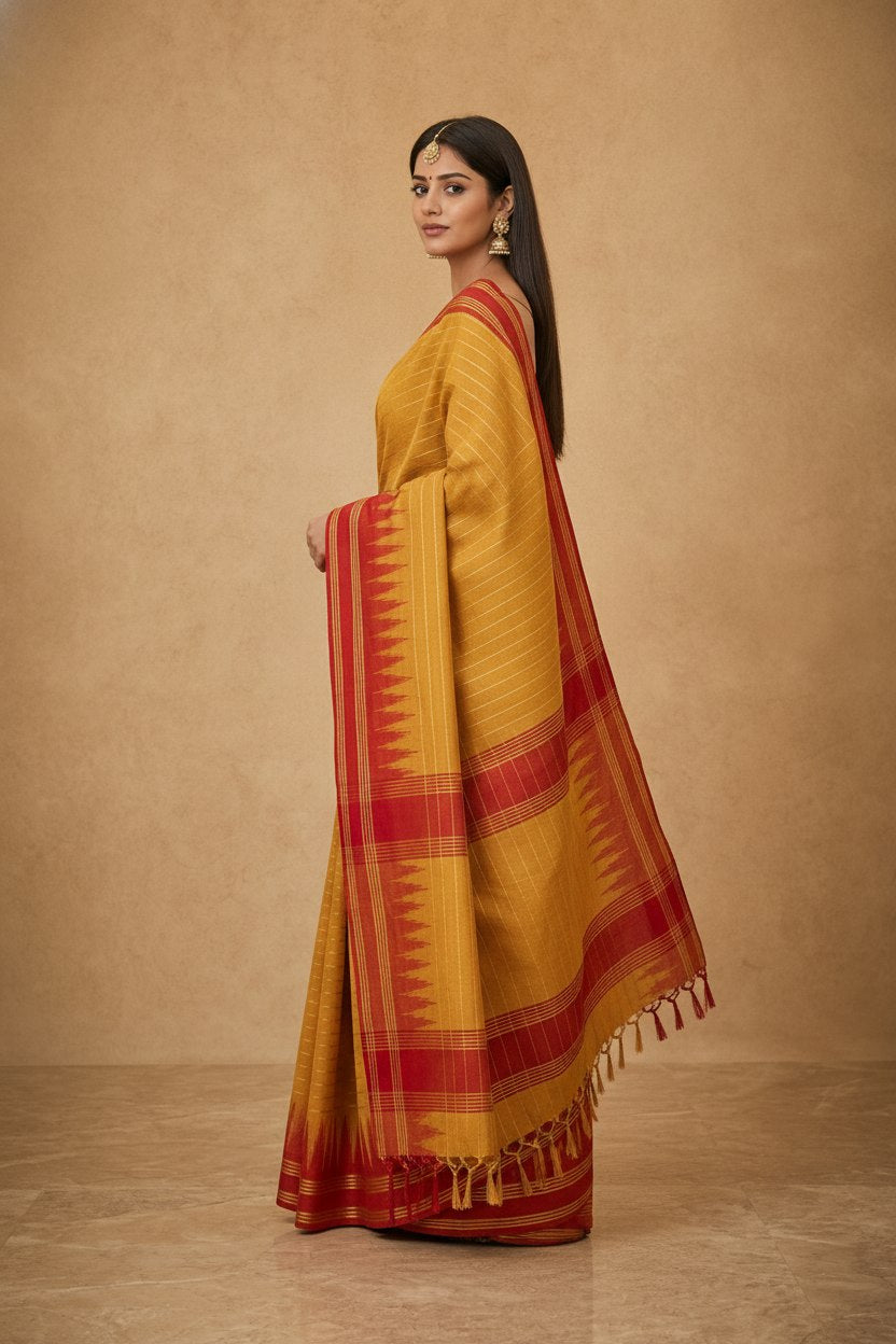 Mercerised Cotton Saree with Ikkat Temple Border in Yellow Red