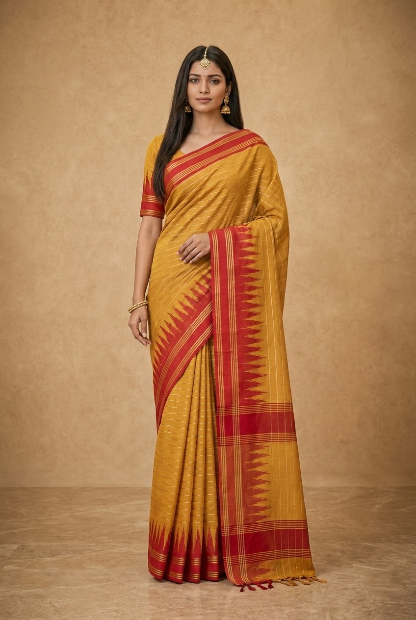 Mercerised Cotton Saree with Ikkat Temple Border in Yellow Red