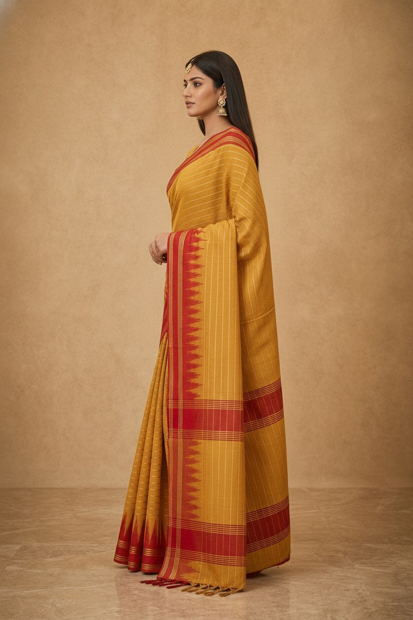 Mercerised Cotton Saree with Ikkat Temple Border in Yellow Red