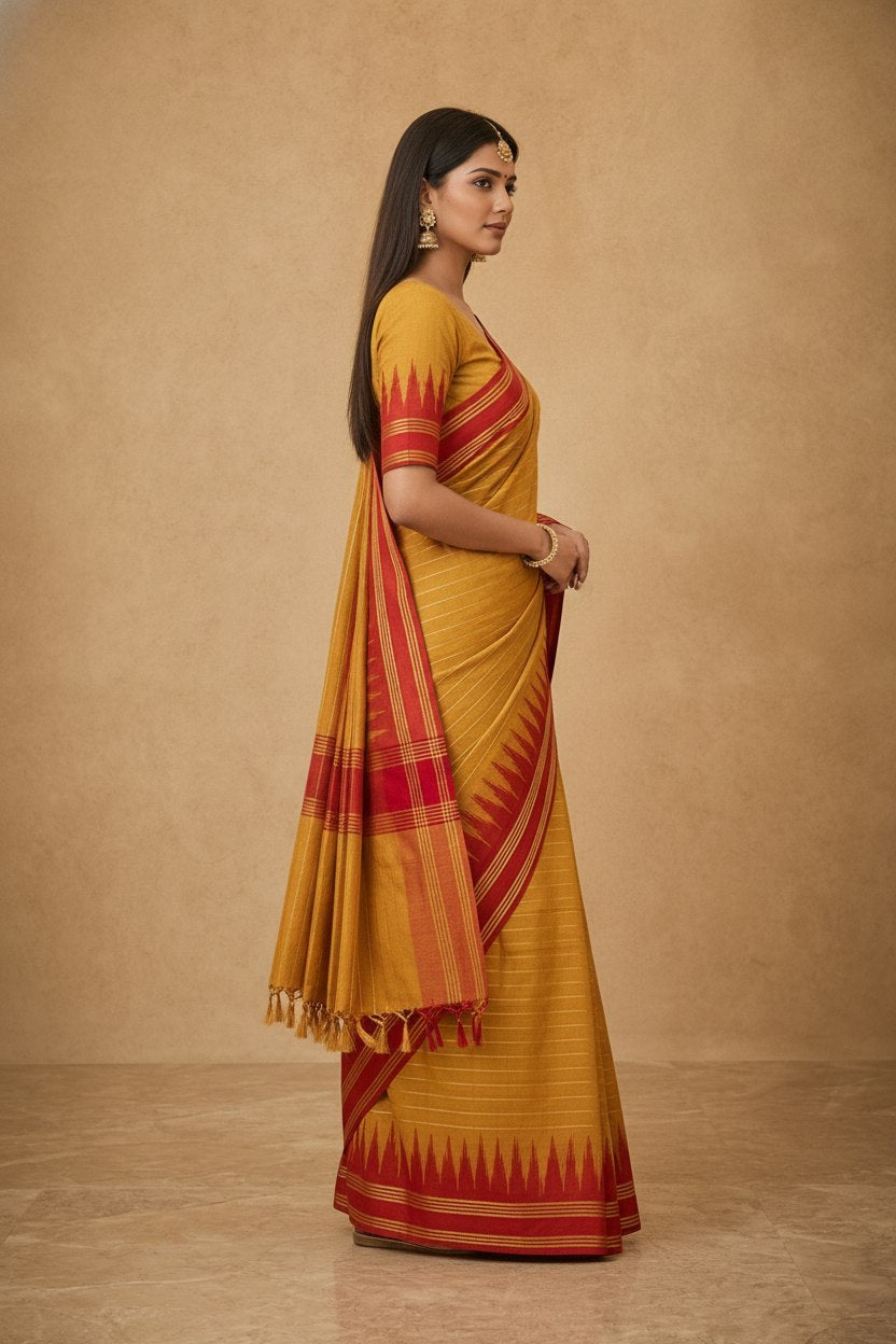 Mercerised Cotton Saree with Ikkat Temple Border in Yellow Red