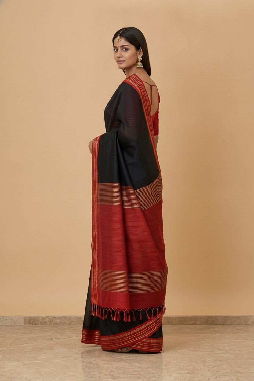Mercerised Cotton Saree with Jacquard Zari Border in Black Red